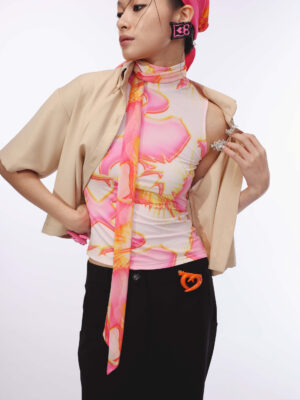 粉色印花高領背心附同布花領巾  Pink Printed Turtleneck Tank Top with Matching Fabric Scarf  