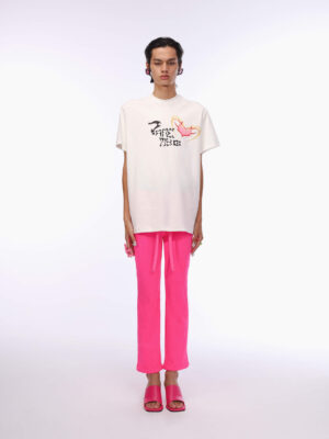 螢光粉小花緹花針織合身喇叭褲    Fluorescent Pink Floral Embroidered Knit Flared Pants