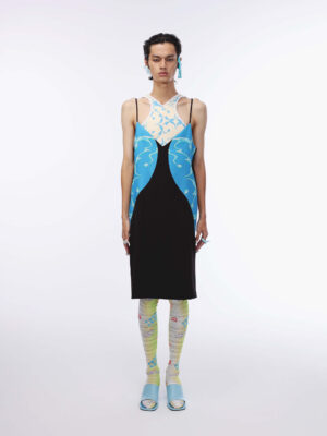 印花撞色拼接吊帶連衣裙 Blue Printed Paneled Midi Dress